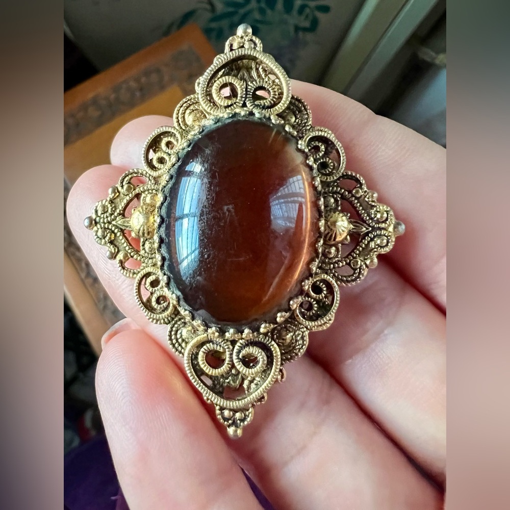 Vintage Italian Brooch Pendant – Ornate Antique Finish with Brown Glass Cabochon
